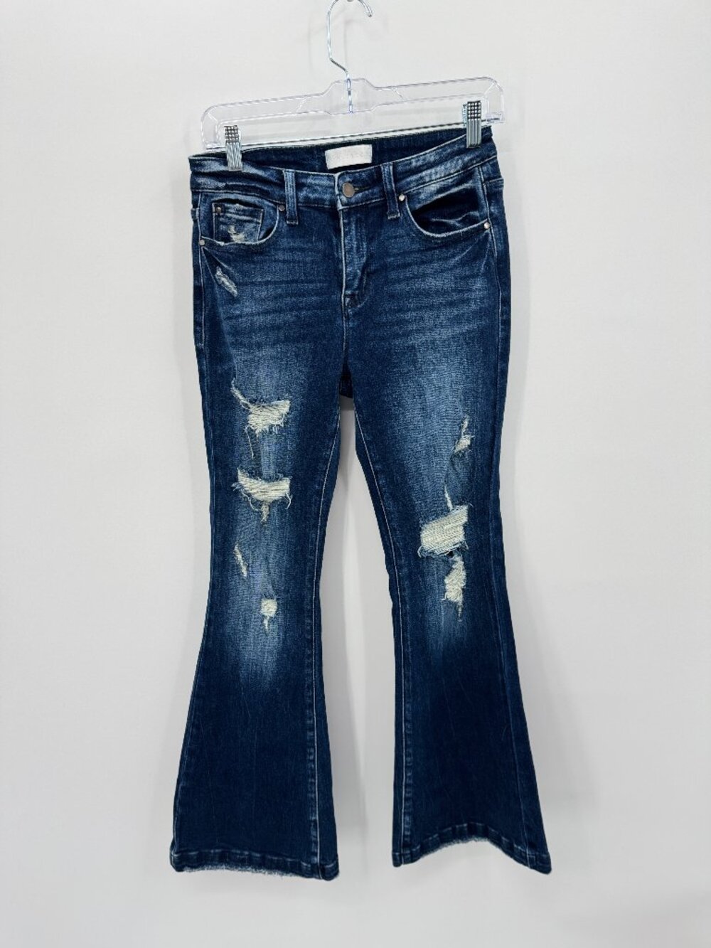 Petra 153 Distressed Flare Jeans Size 7/27 Dark Indigo Raw Hem Bootcut Stretch